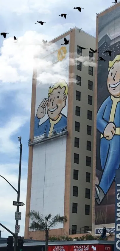 Urban mural on a building featuring iconic character and blue sky.