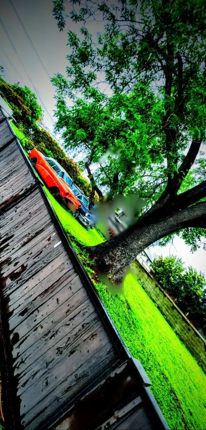 A vibrant mobile wallpaper with a green tree and vintage car beside a rustic fence.