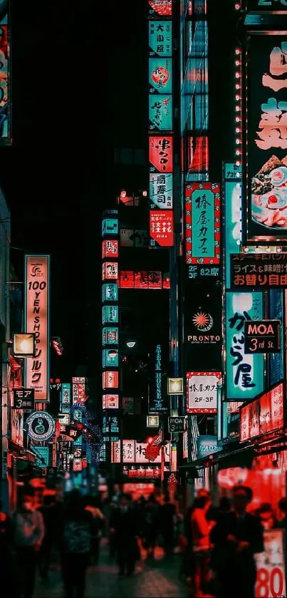 Neon-lit urban street with vibrant city lights and signs at night.