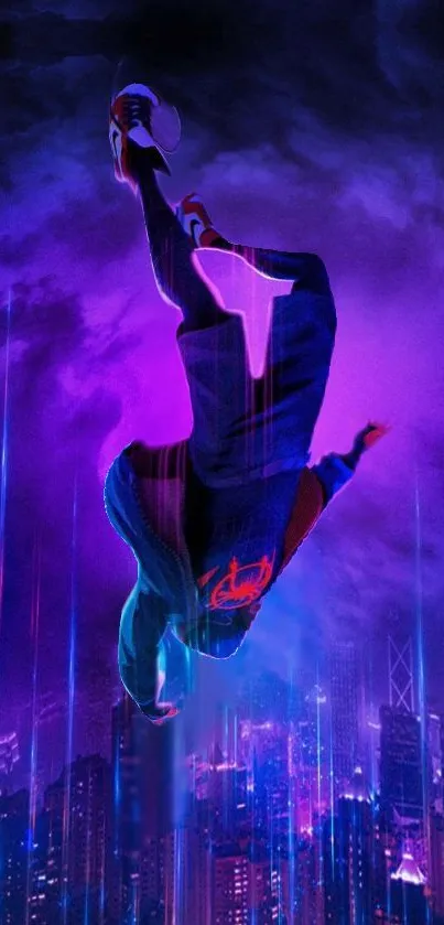 Silhouetted figure jumps above neon-lit city skyline in vibrant colors.