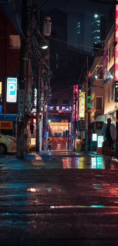 Urban street with neon lights at night, reflecting vibrant city vibes.