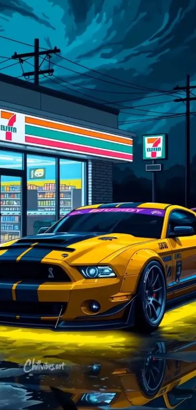 Vibrant sports car parked under city lights at night.