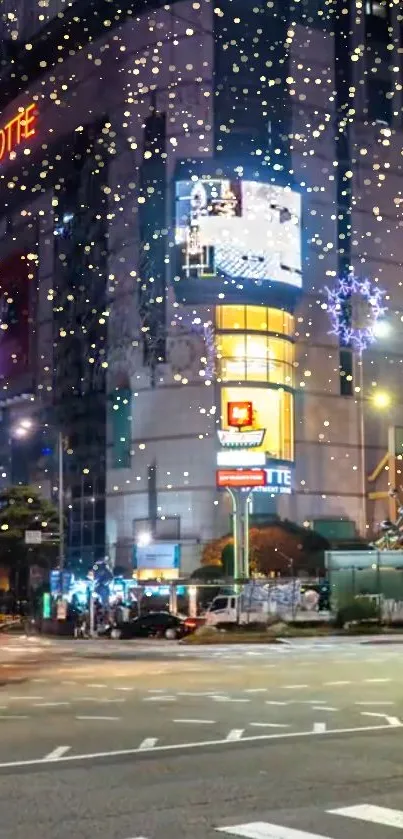 Vibrant city street at night with glowing lights and bustling urban life.