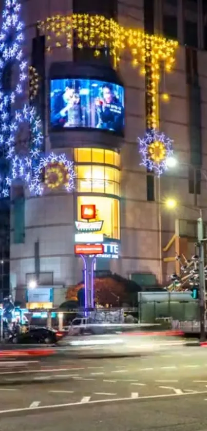 Vibrant urban night scene with dazzling lights and modern architecture.