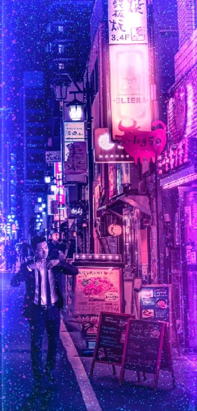 Urban street illuminated by neon lights at night with city life bustling.