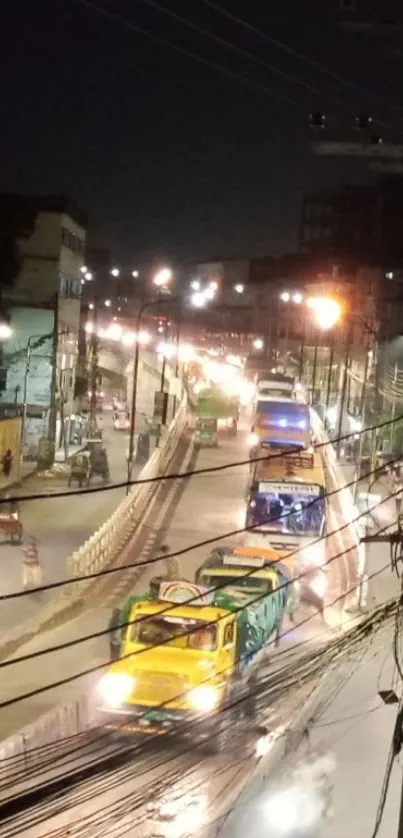 Vibrant urban night street with city lights and traffic.