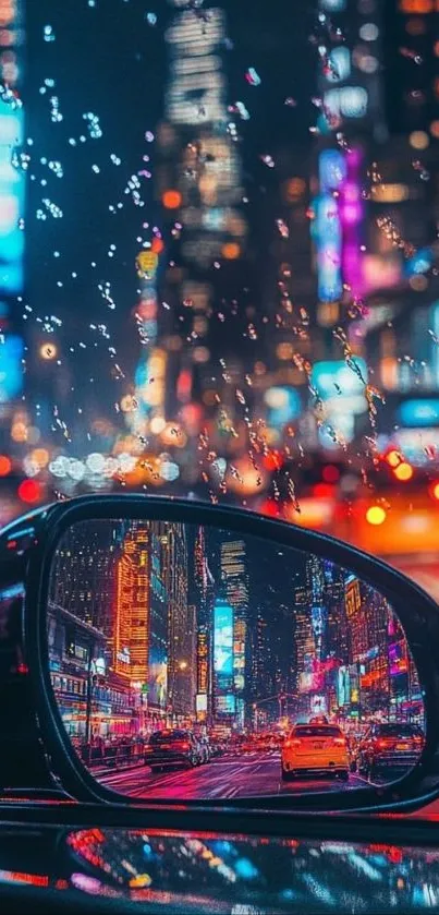 Vibrant city lights reflected in car mirror at night.