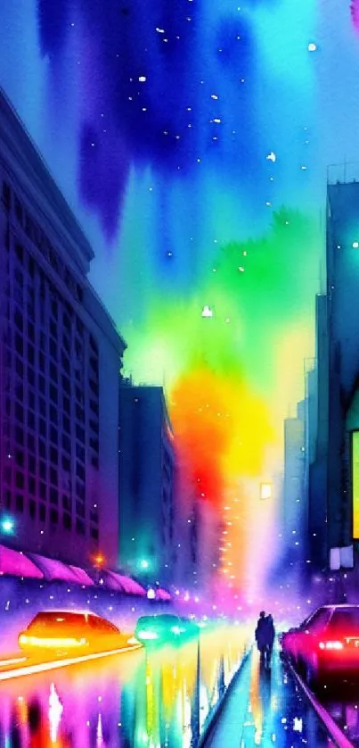 Colorful watercolor urban nightscape with vibrant lights and silhouettes.