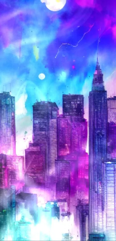 Vibrant watercolor city skyline at night.