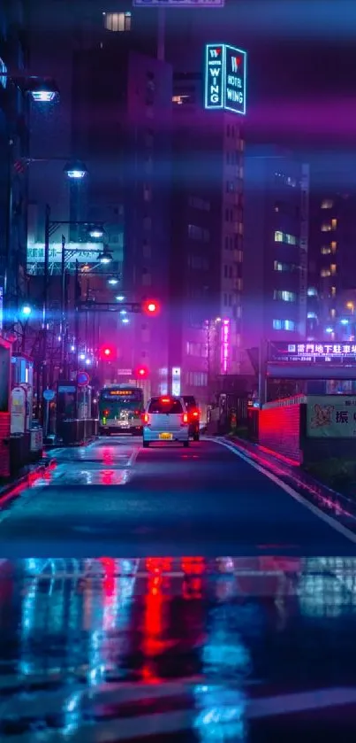 Vibrant cityscape at night with neon reflections on wet streets.