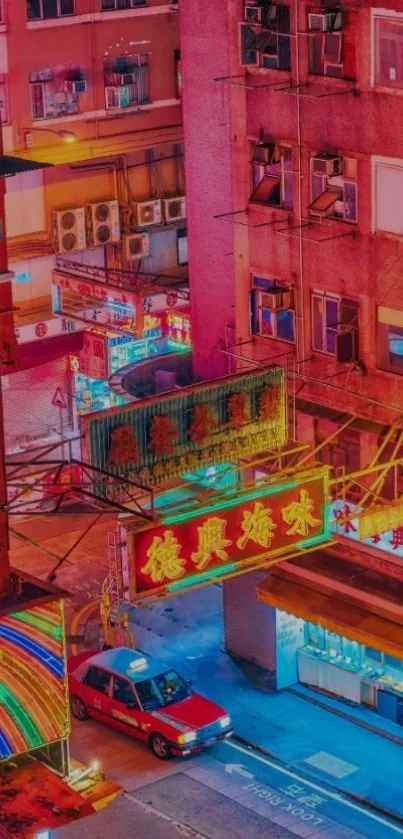 Vibrant urban night scene with neon signs and colorful streets.