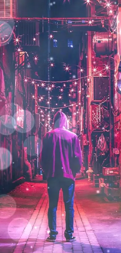Vibrant urban nightscape with neon lights in a city alley.