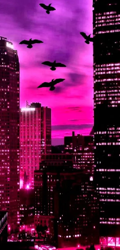 Magenta city skyline at night with birds flying.