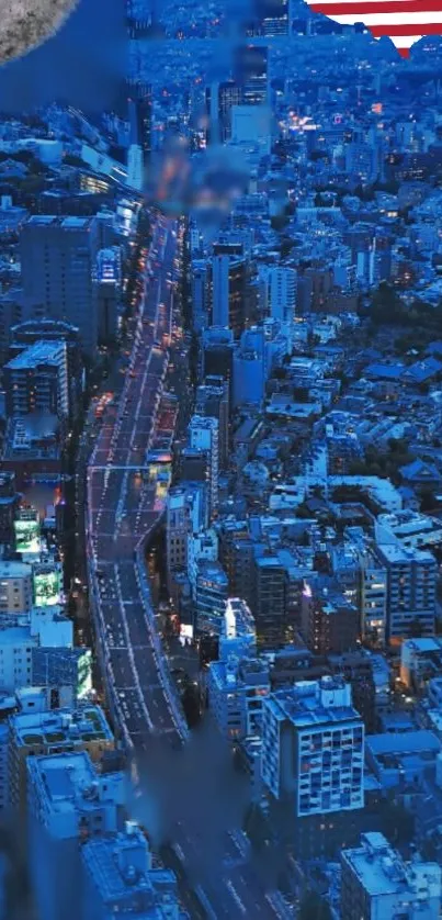 A vibrant night view of a city skyline with bright lights illuminating tall buildings.