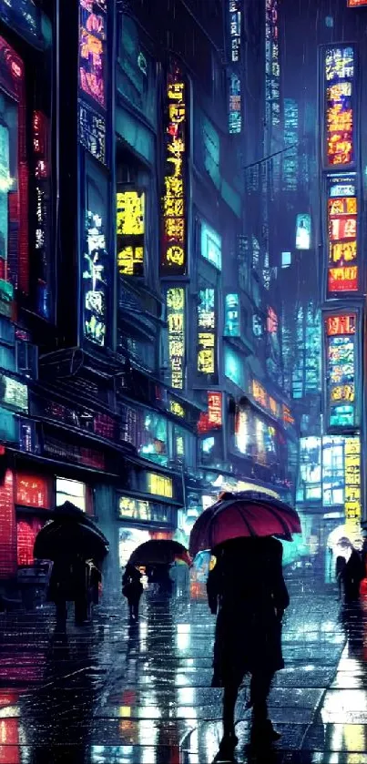 Neon-lit urban street scene with umbrellas and reflections.