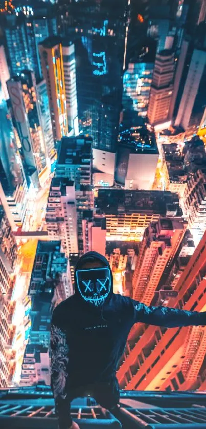 Man with neon mask overlooking vibrant cityscape at night.