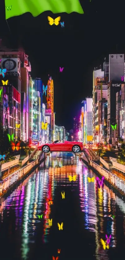 Vibrant urban nightscape with colorful butterflies and city lights.