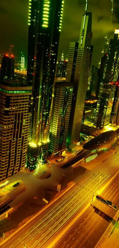 Vibrant green city skyline at night with illuminated futuristic architecture.