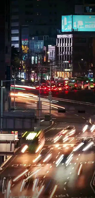 Vibrant city nightscape with dynamic light trails.