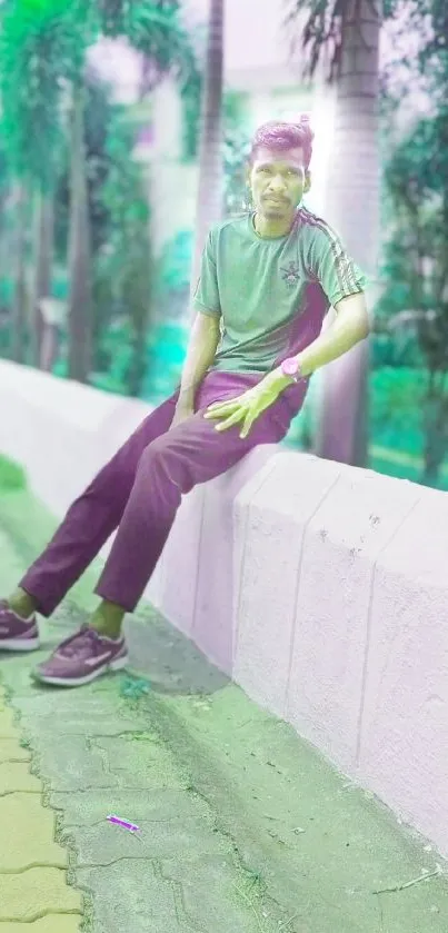 Man in casual wear resting in vibrant park setting.