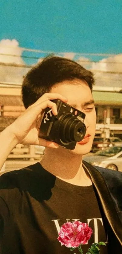 Person holding camera under a vibrant sky.