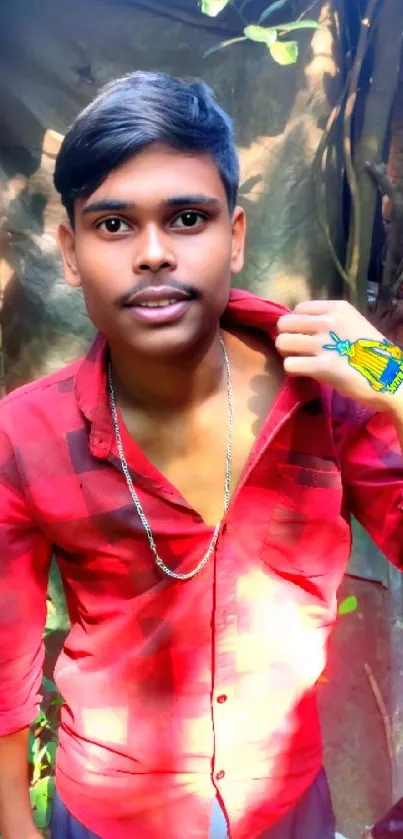 A vibrant urban portrait featuring a young man in a red shirt against a rustic backdrop.