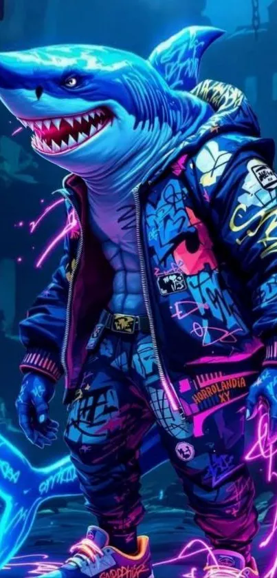 Animated shark in vibrant urban graffiti style.