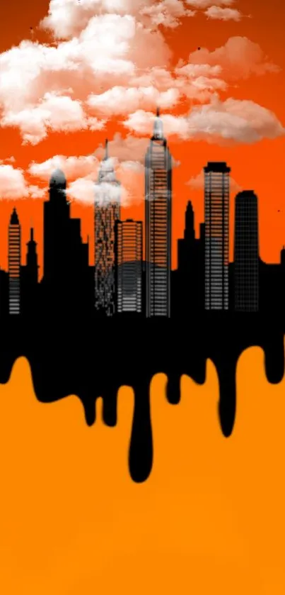 Vibrant orange urban skyline silhouette wallpaper.