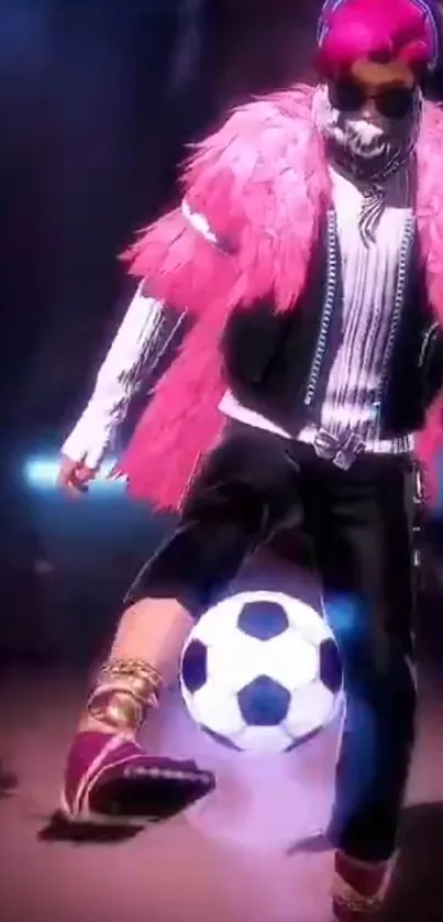 Dynamic urban soccer player with pink fur jacket.