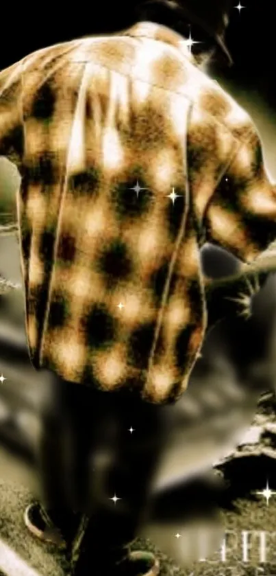 Dynamic figure in a brown plaid shirt with sparkling urban background.