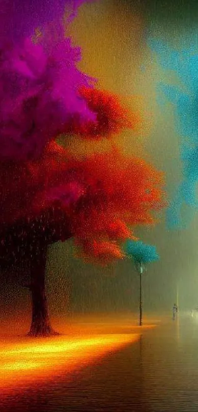 Colorful trees and street lamps in vibrant scene.