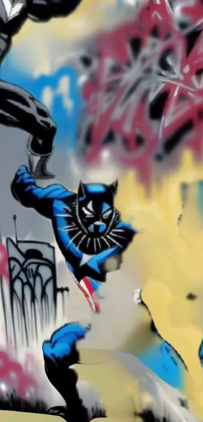 Vibrant urban street art with superhero theme in graffiti style.