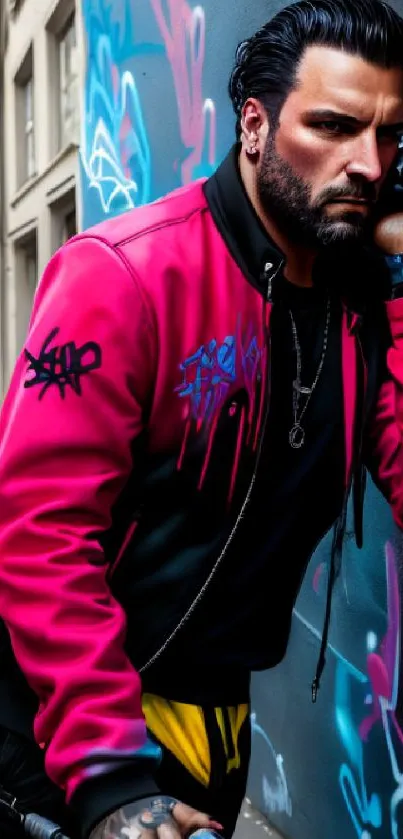 Man with colorful jacket in urban graffiti setting.