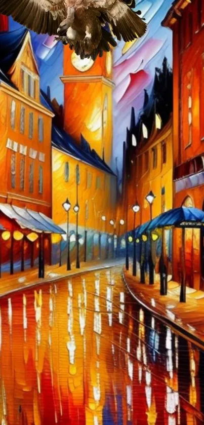 Vibrant urban street scene with soaring eagle and street lights.