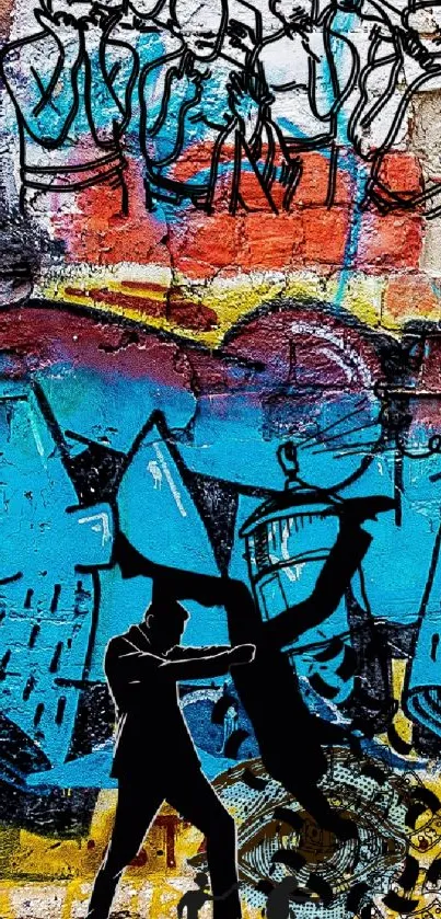 Vibrant city street art with colorful graffiti and black silhouettes.