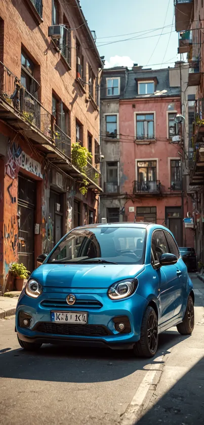 Blue car parked on an urban street with brick buildings.