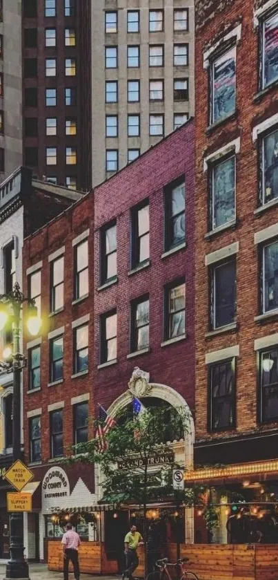 Colorful urban street with historic buildings and bright lights.