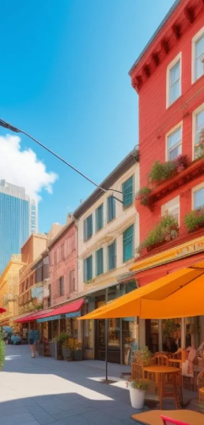 Colorful urban street with cafes and blue sky