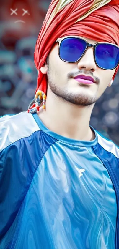 Trendy young man with a vibrant turban and sunglasses in an urban setting.