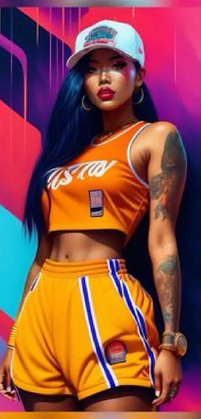 Stylish model with bold urban colors in vibrant mobile wallpaper.