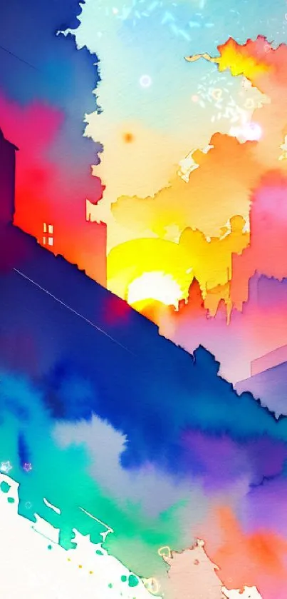 Vibrant watercolor urban sunset wallpaper with colorful hues.