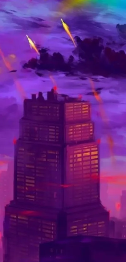 Purple cityscape at sunset with vibrant sky and silhouettes.