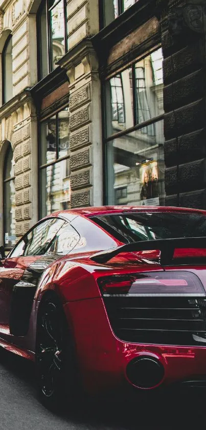 Red sports car parked on urban street with stylish architecture.