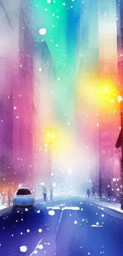 A colorful urban street with snowflakes and vibrant lights.
