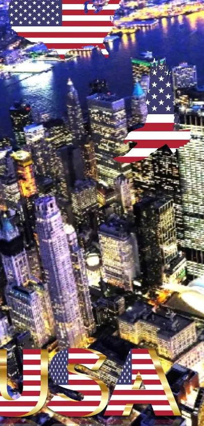 USA cityscape at night with American flag overlay