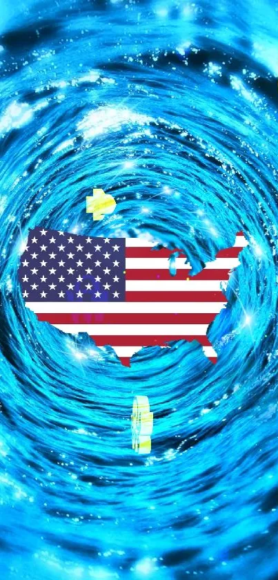 USA flag in a swirling blue vortex background.