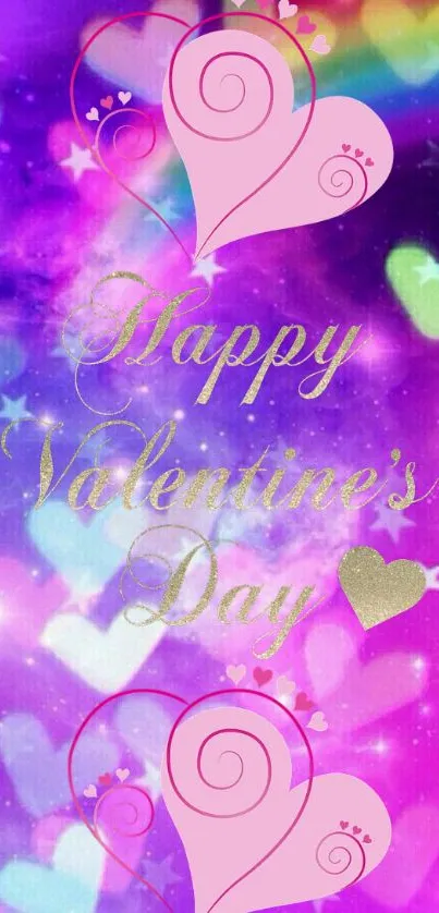 Valentine's Day wallpaper with pink hearts on purple background.