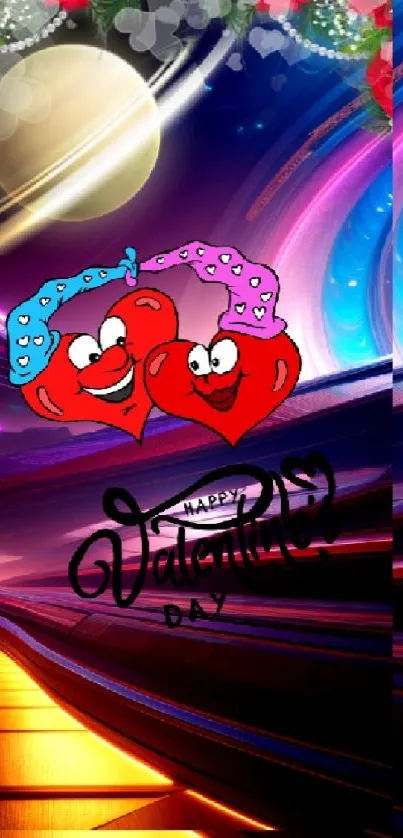Vibrant Valentine's Day wallpaper with hearts and cosmic theme.
