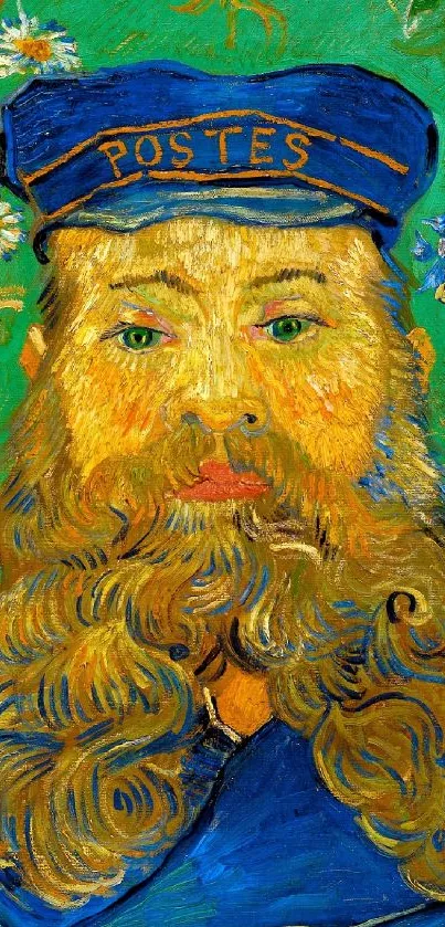 Vibrant Van Gogh portrait with blue and green hues.