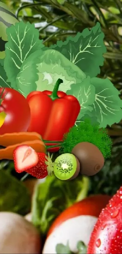 Colorful vegetable art wallpaper with tomatoes, peppers, and greens.